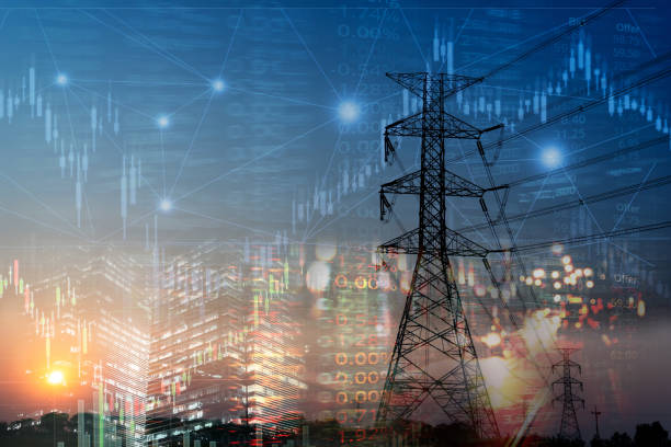 Red eléctrica y datos de consumo sobre una ciudad de noche